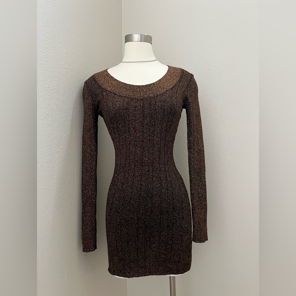 Nasty Gal Shimmering Brown Long Sleeve Dress